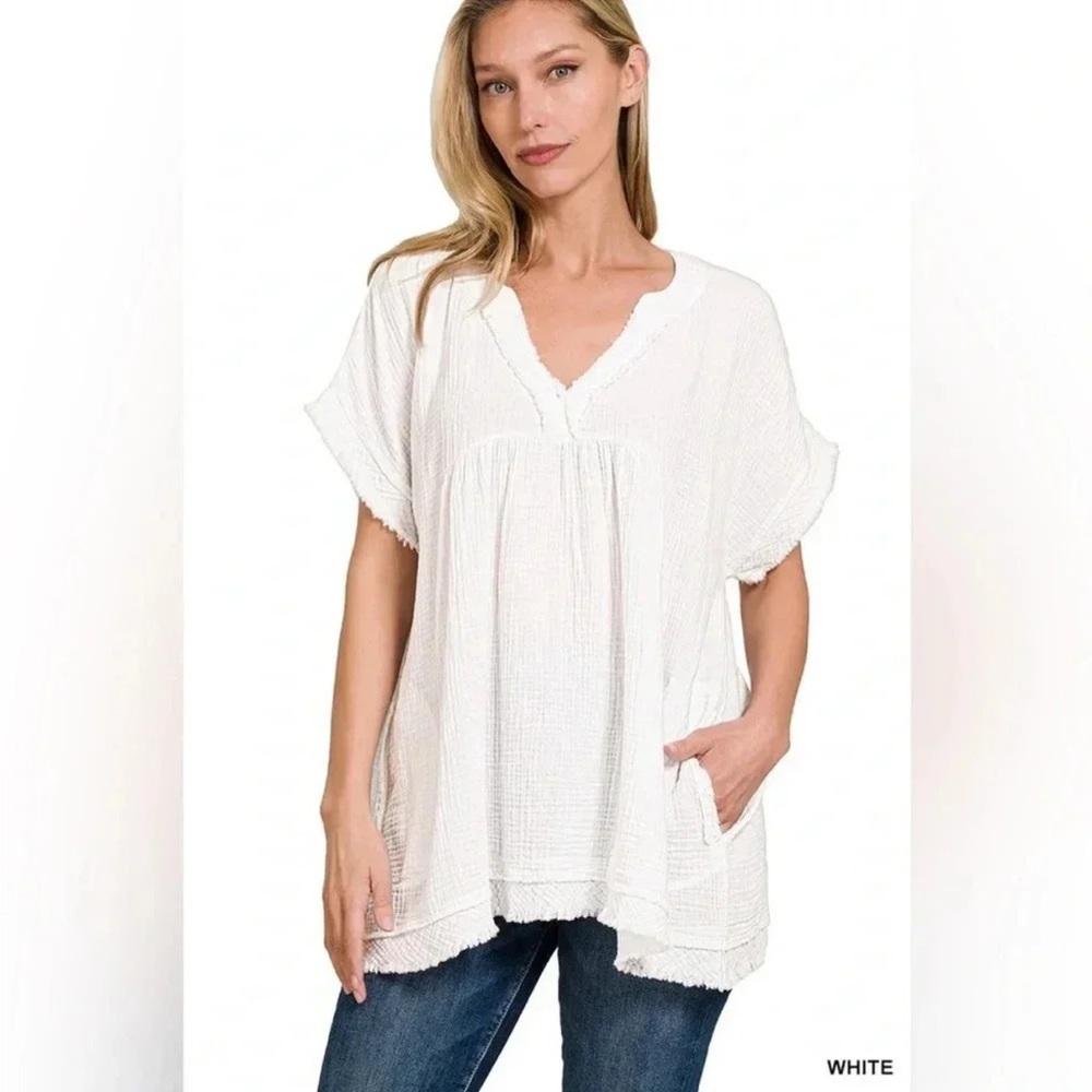 Zenana cotton gauze tan tunic top 1X